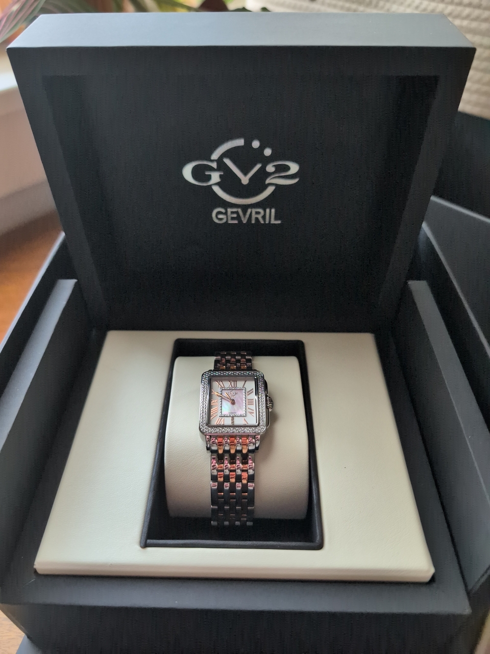 GeVril GV2 Women's Two-Tone Rose Gold and Silver Square Diamond Accent Watch